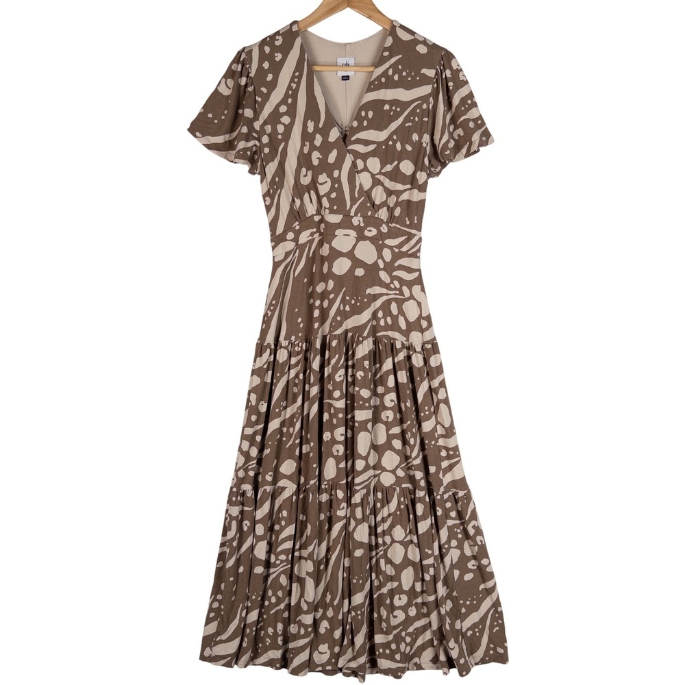 Cabi Womens Serengeti Dress S Brown Animal Print Tiered Midi Cut Out Back Casual